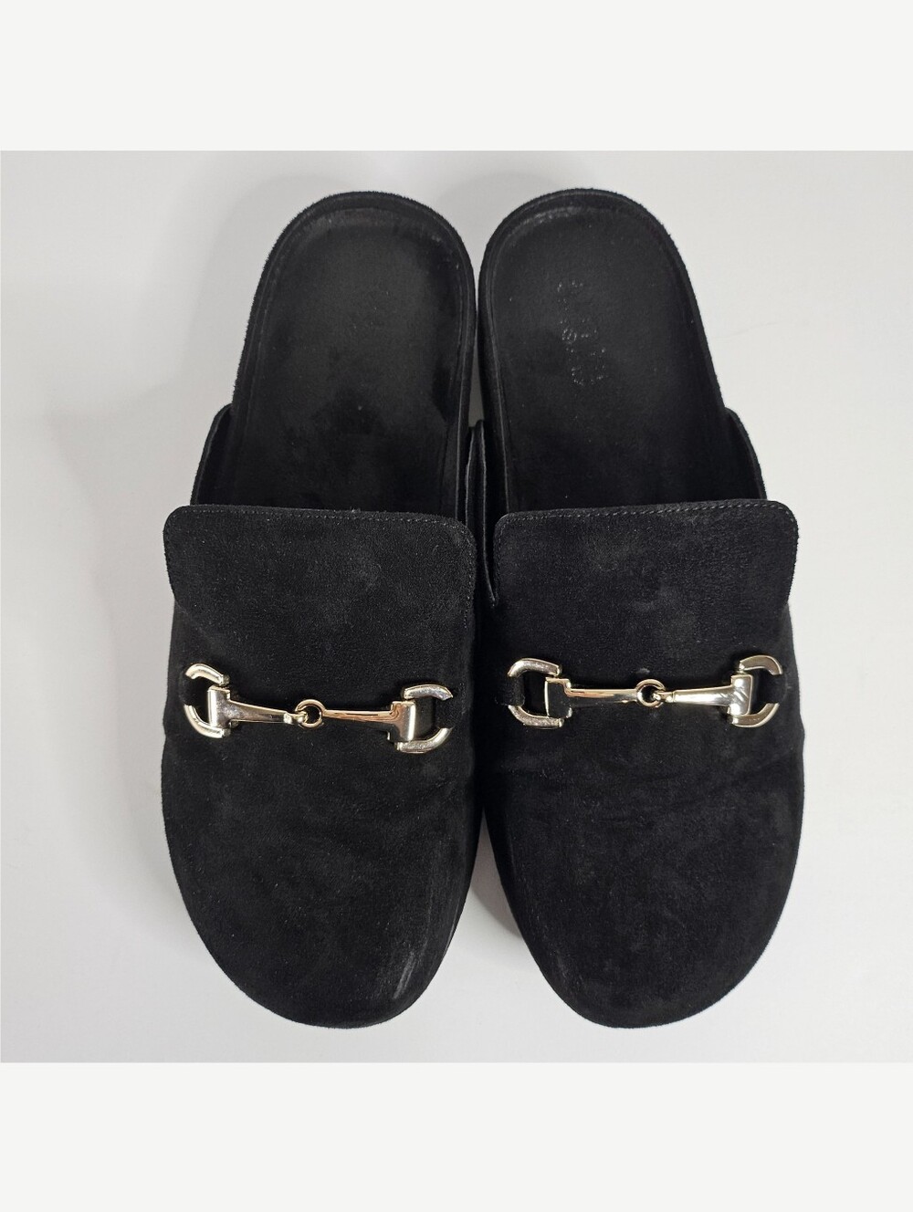 Alfani Tinslee Black Velvet Horsebit Loafer Mules Size 9 Slip On Flats Gold Trim - Picture 5 of 16